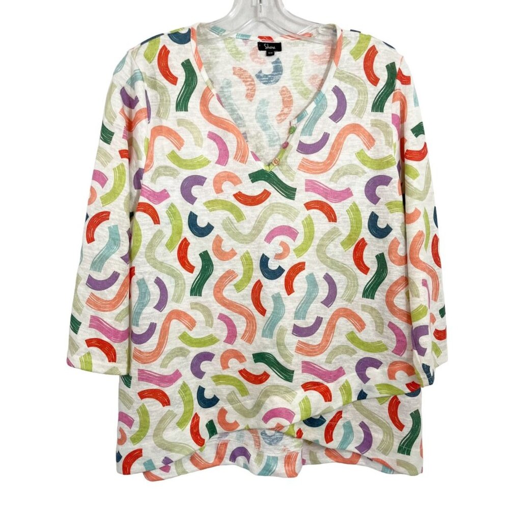 Shana White Multicolor Artsy Print Asymmetrical Hem Top - Size‎ Medium